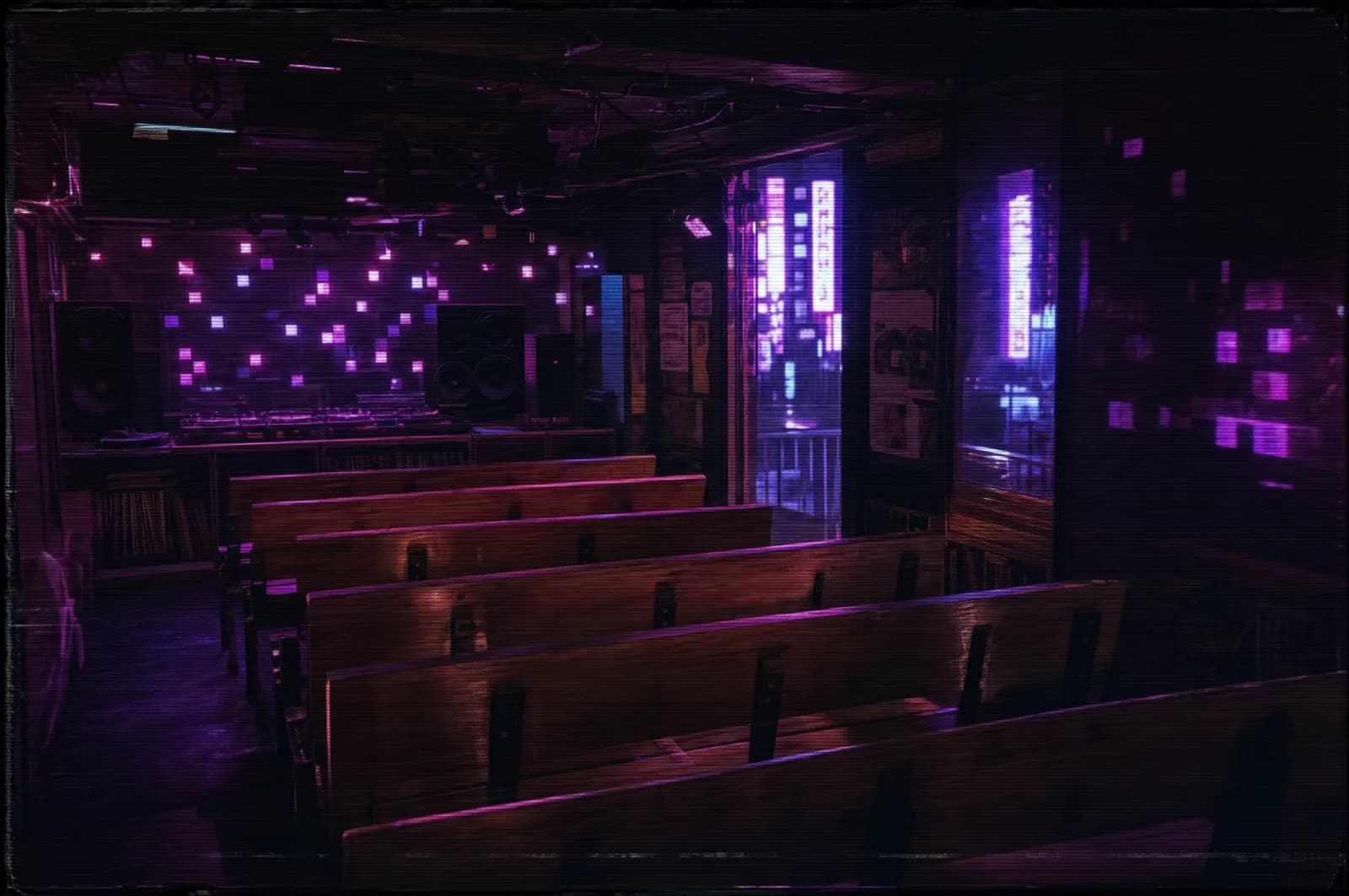 A neon-soaked Akihabara listening theater interior at night, magenta and violet light, illegible Japanese signage glow.