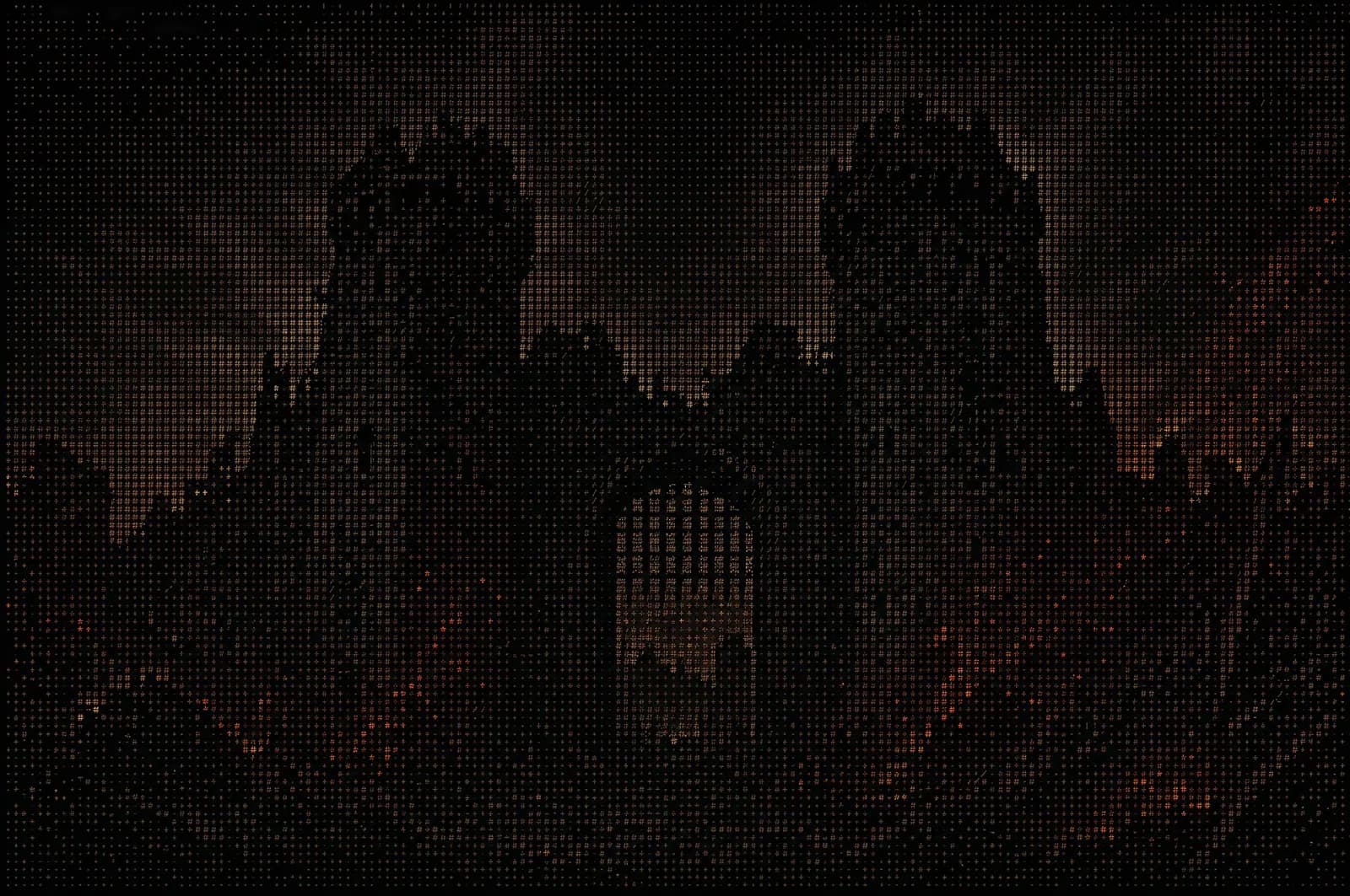 A ruined medieval gatehouse at dusk rendered from dense terminal ASCII glyphs, faint amber embers in the texture.