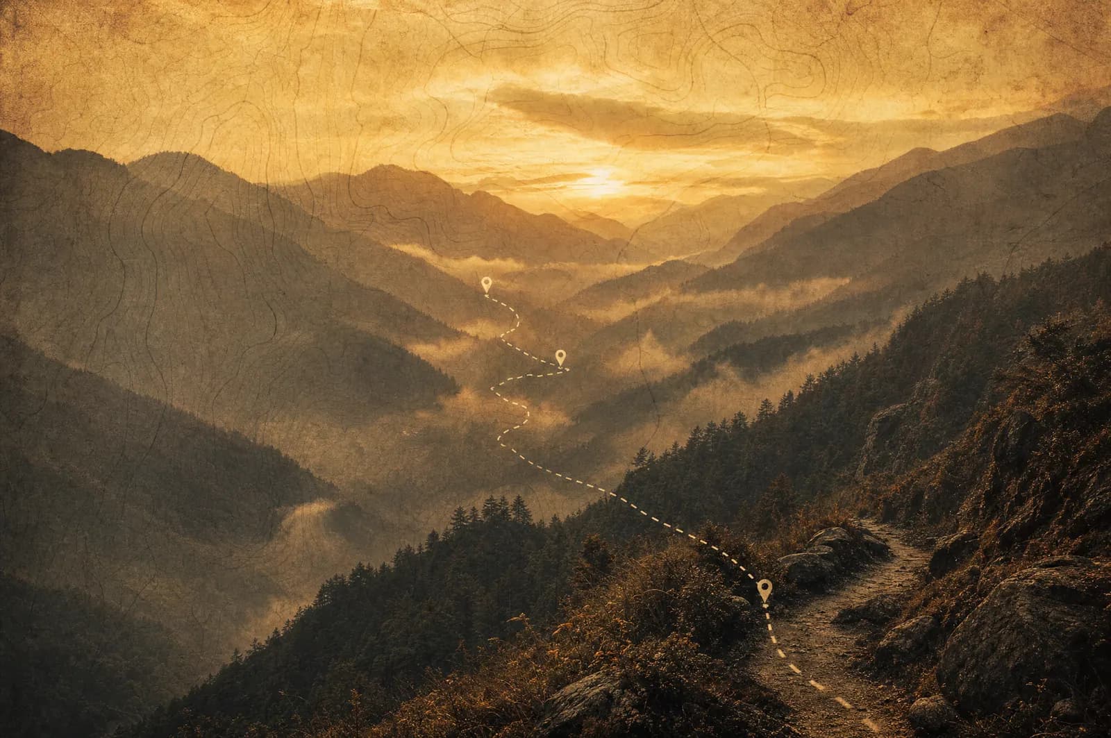A misty Kiso Valley mountain trail at golden hour with a dashed travel path winding between pin markers, antique-map overlay.